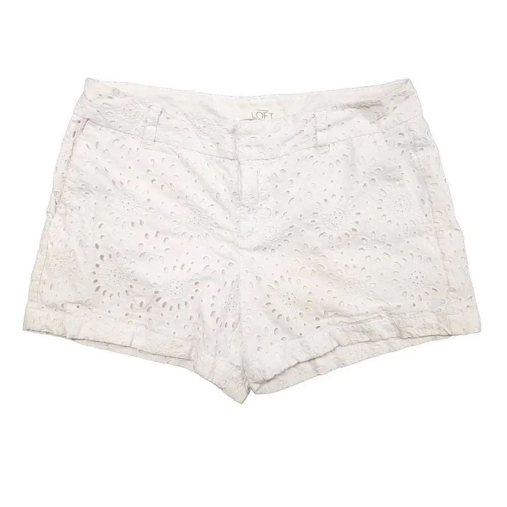 Ann Taylor Loft White Eyelet Lace Shorts Side Pockets Cotton Women's Size 4